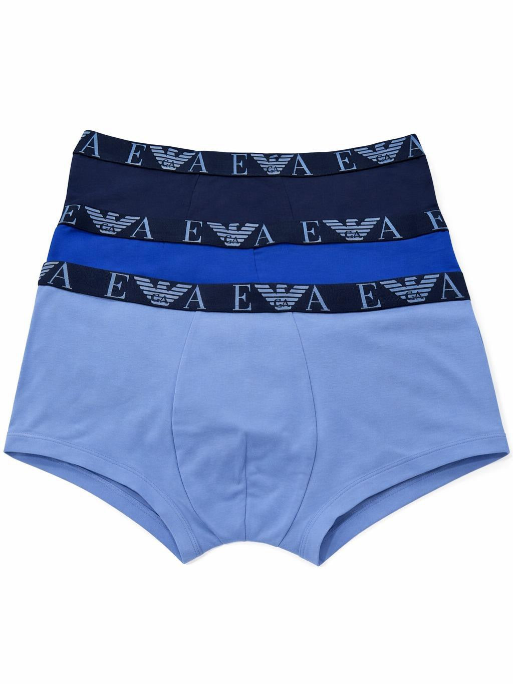 Emporio Armani 3er-Pack Trunks Stretch Cotton – Blautöne