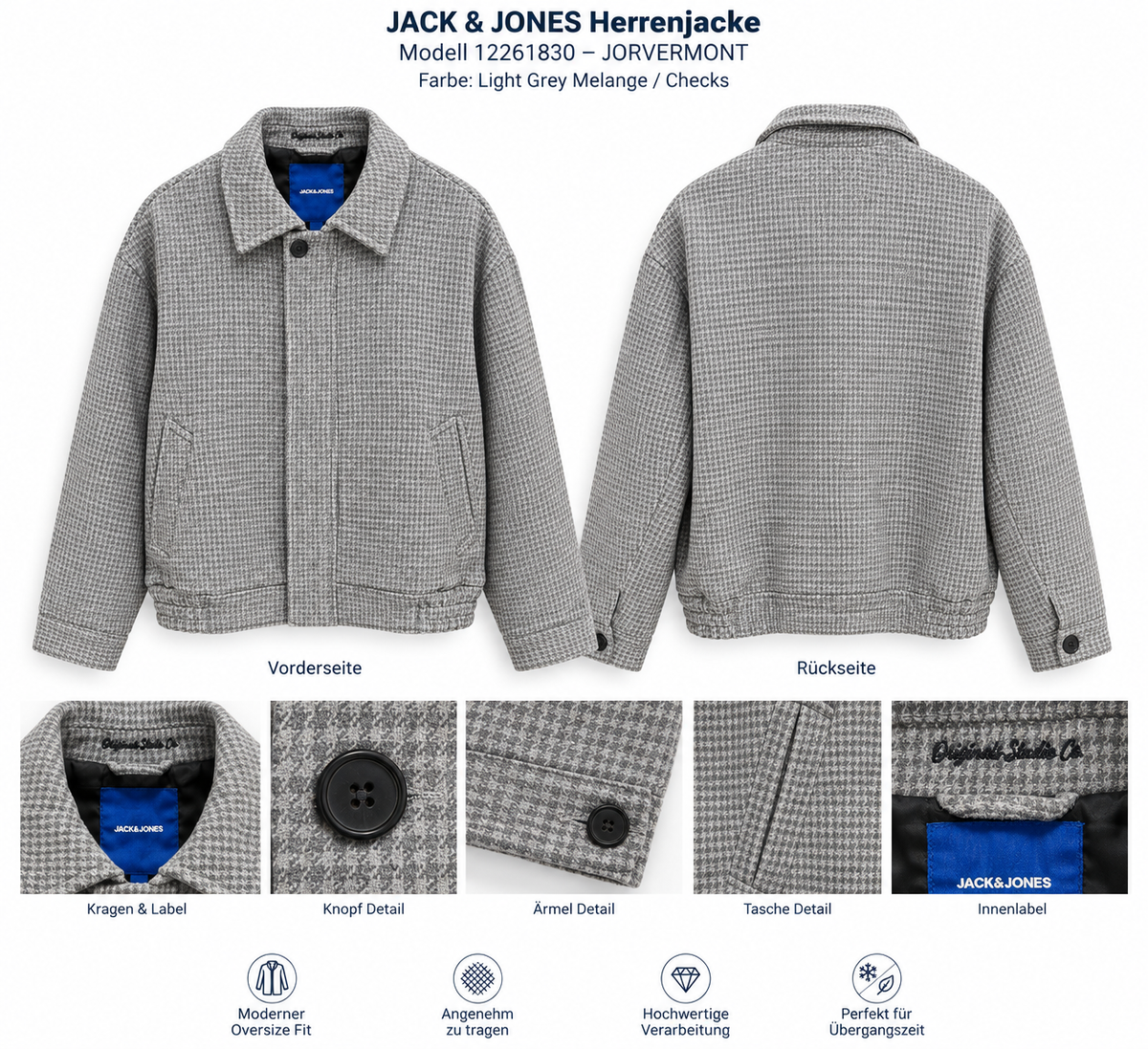 JACK & JONES JORVERMONT Wool Blend Jacket – Light Grey Mela/Check
