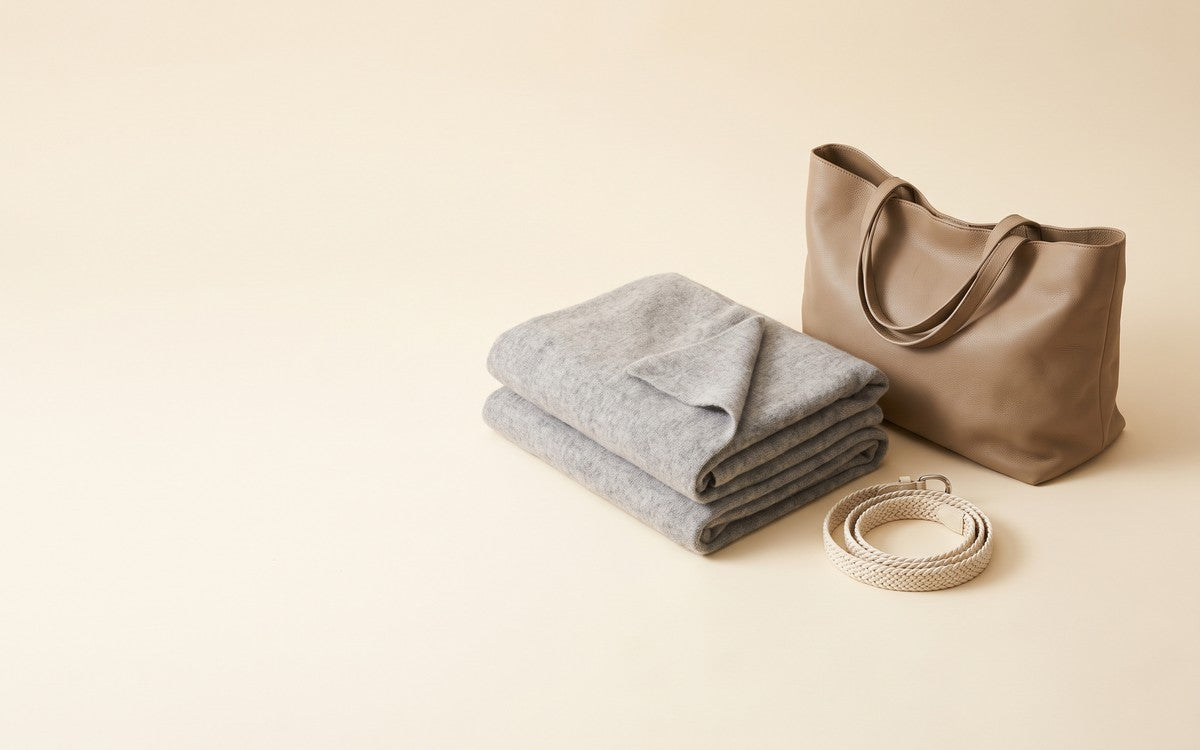 Handtasche, Tuch und Guertel auf cremefarbenem Hintergrund