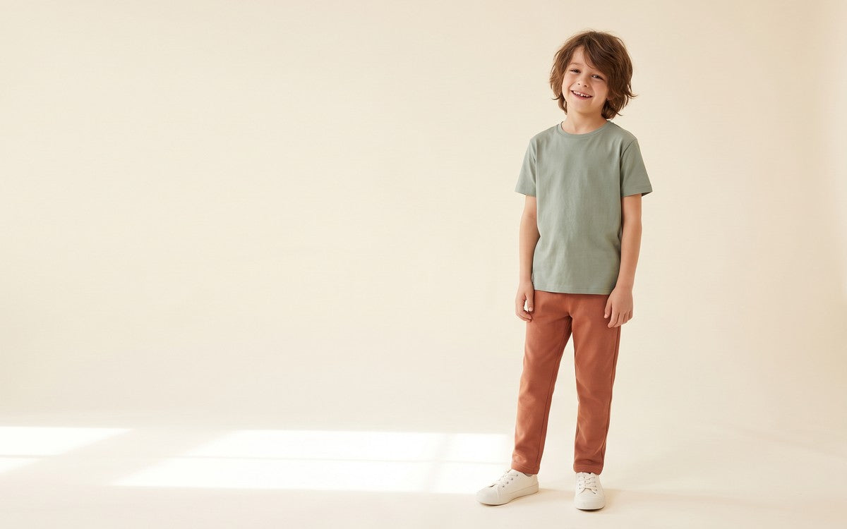 Kindermode bei Trois5, Kind in T-Shirt und Hose