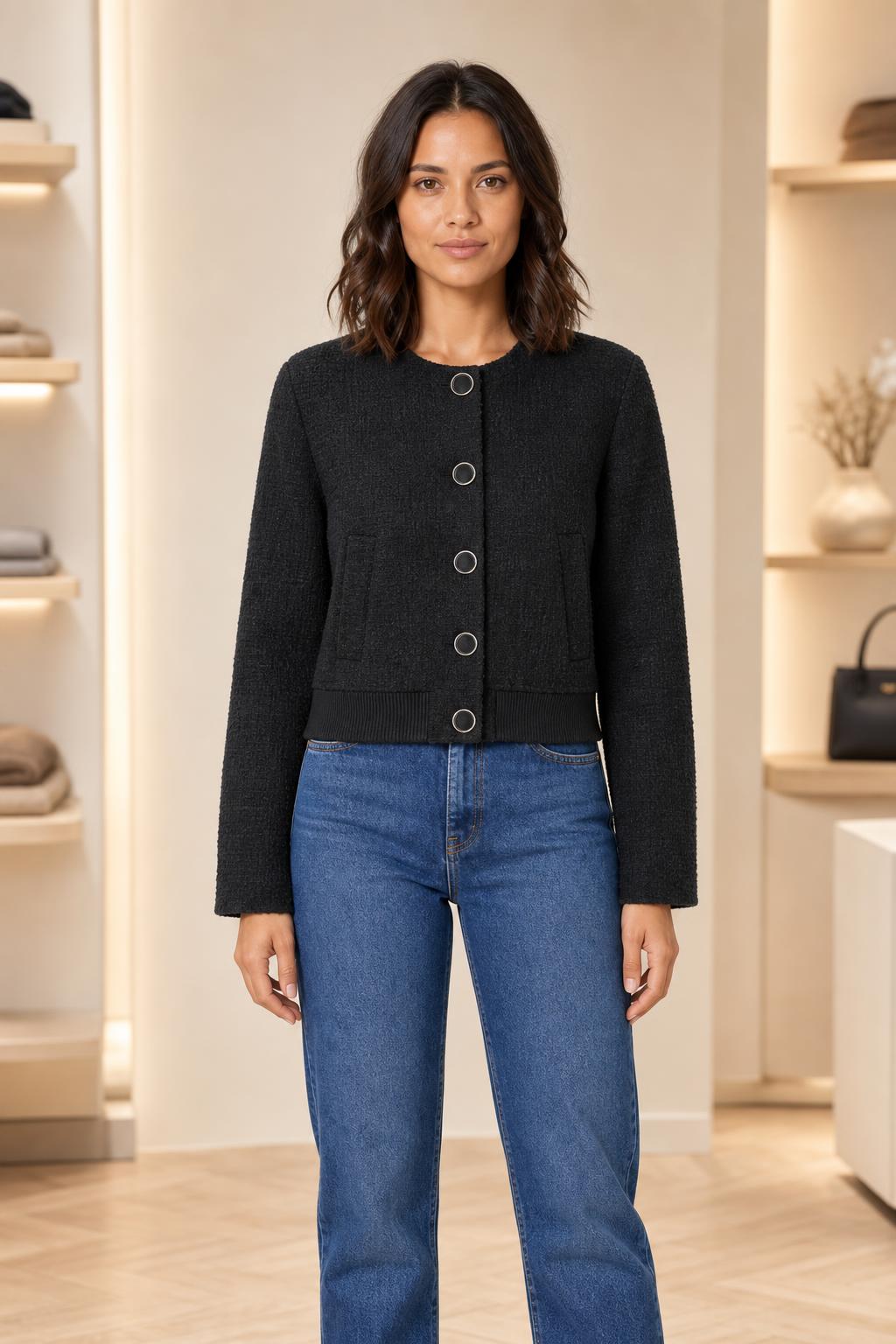 LASCANA Kurzjacke in Bouclé-Optik in Schwarz, Detailansicht