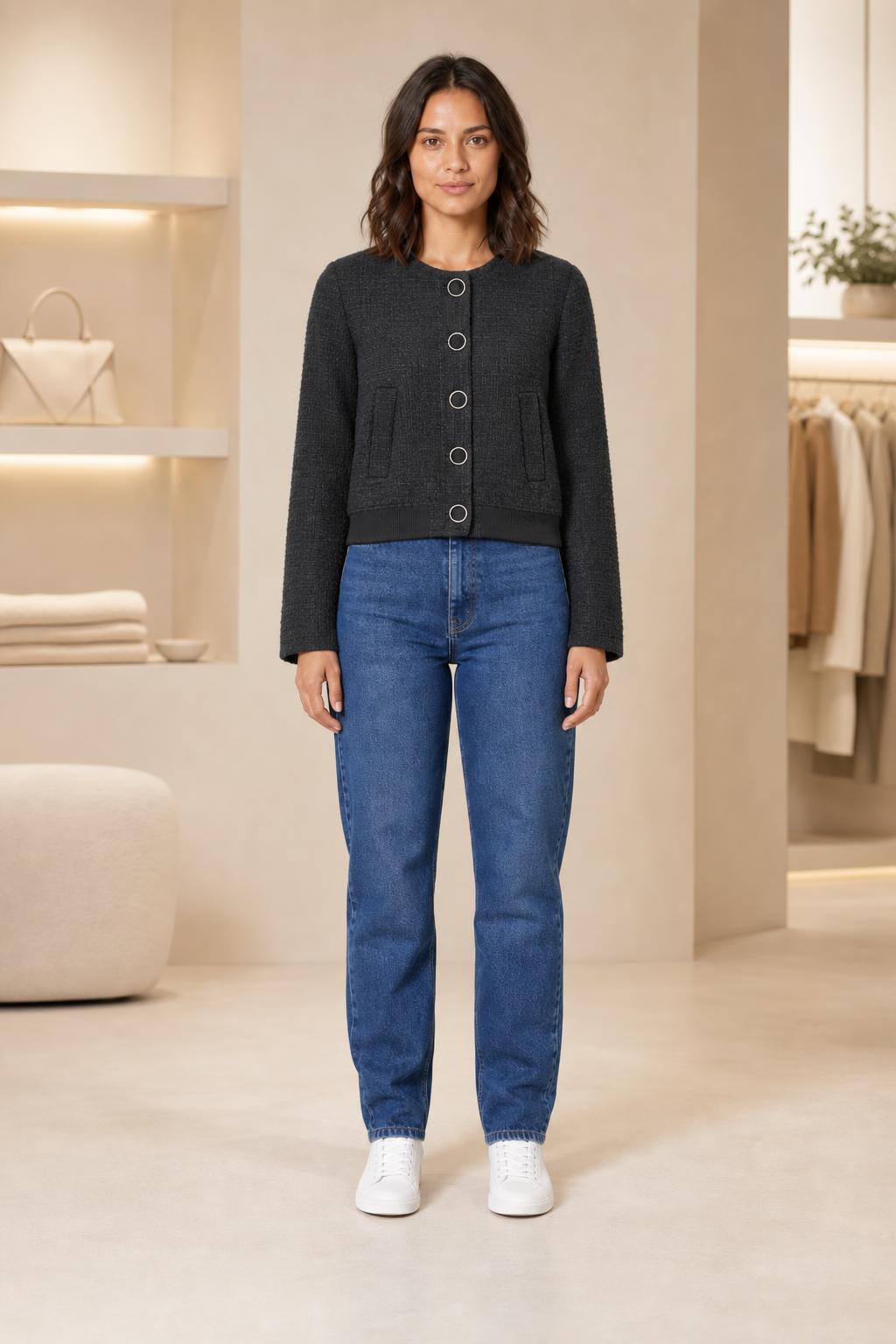 LASCANA Kurzjacke in Bouclé-Optik in Schwarz, Ganzkörperansicht