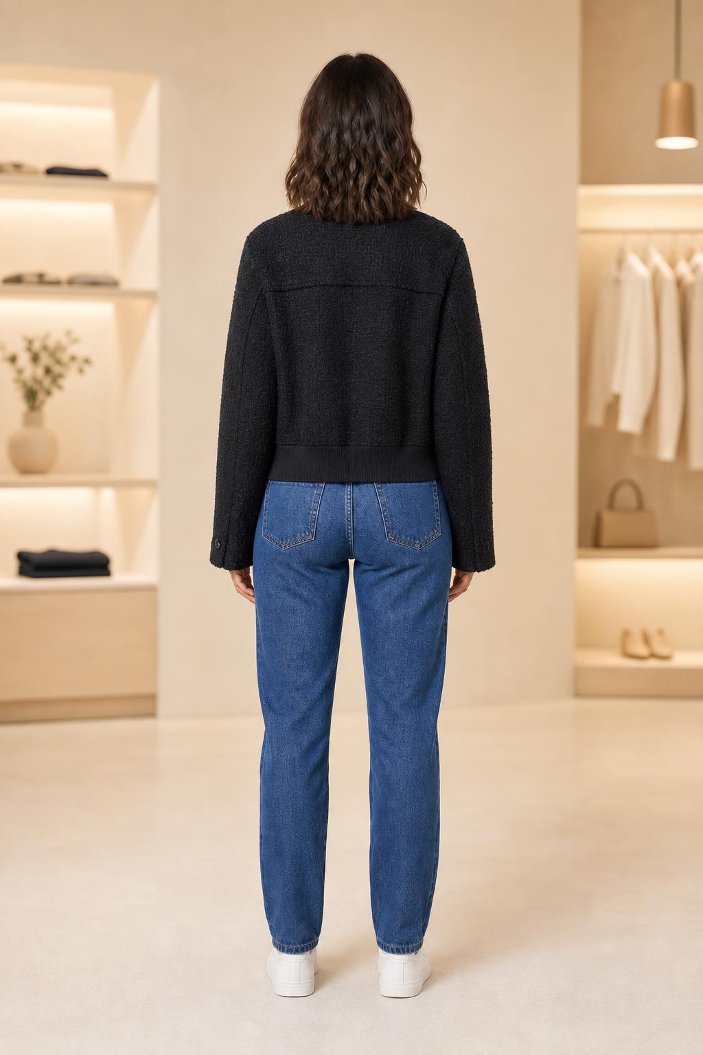 LASCANA Kurzjacke in Bouclé-Optik in Schwarz, Rückansicht