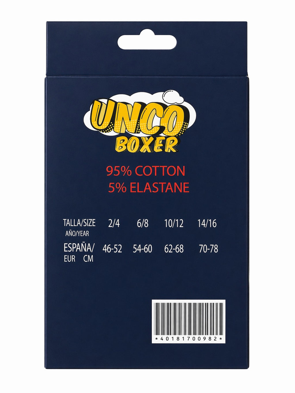 UNCO Boxershorts 3er-Pack, Rückseite mit Material und Größentabelle