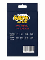 UNCO Boxershorts 3er-Pack, Rückseite mit Material und Größentabelle